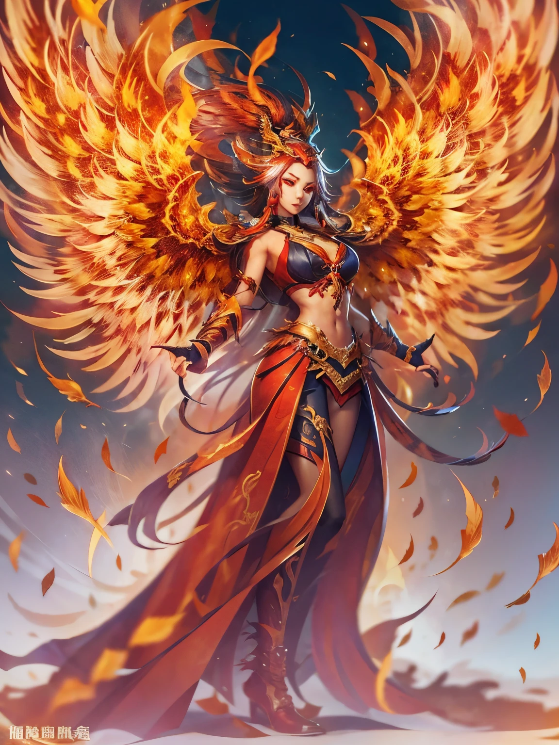 Chinese mythology，firebird，Wing-like red flames spread throughout the body，Fiery，firey，thick feather eater，Super close，Sharp focus quality，8K分辨率，tmasterpiece，a work of art，overclocking