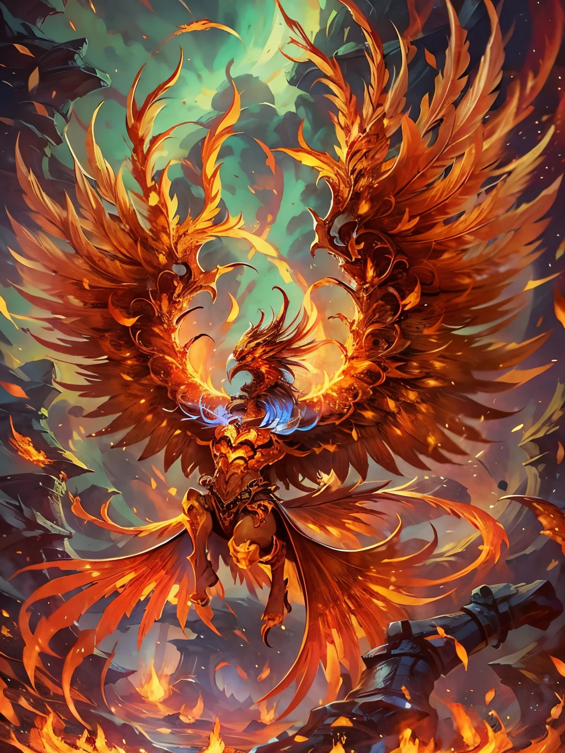 Chinese mythology,firebird,Wing-like red flames spread throughout the body,Fiery,firey,thick feather eater,Super close,Sharp focus quality,8K分辨率,tmasterpiece,a work of art,overclocking