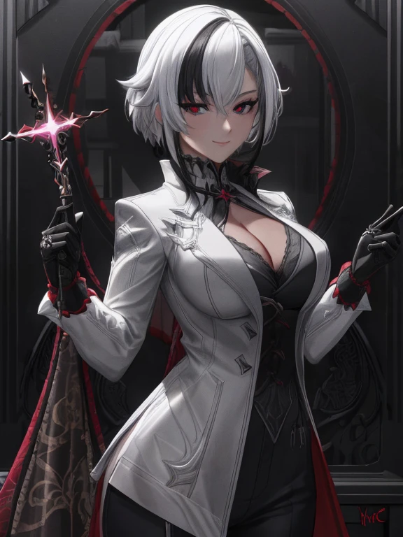 masterpiece, best quality ,ultra-detailed, very detailed illustrations, extremely detailed, intricate details, highres, super complex details, extremely detailed 8k cg wallpaper, monochrome, black and white picture, caustics, reflection, ray tracing,1girl, super detailed face, Extremely detailed eyes, beautiful eyes, highres eyes, solo, white hair, black hair, multicolored hair, black eyes, x-shaped pupils, gloves, arle_suit, upper body, seductive smile, jewelry, looking_at_viewer, signature, solo, standing, unbuttoned clothes, boobs, (holding whip in hands:1.3), (dark room:1.4), low light, moonlight dark, night, (at the centre of picture:1.2)