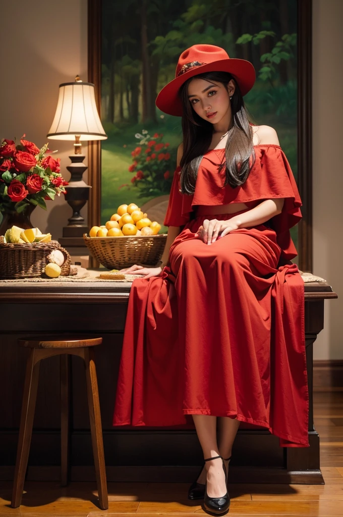 create a render: It represents a girl dressed in red encountering a pack of wolves..,Ambiente tranquilo y armonioso.,dramatic composition,A warm color palette,anatomy correct,Cara detallada, ojos detallados,(Chica que lleva:Capelet roja,Red Hat,vestido con cordones,Redhood, Capas, una falda, redDress,Llevando una canasta de frutas con fondo:exteriores,Luz natural, Casa de dulces,Un mundo de hadas,seductiv,(Postimpresionista),,(Fechin Oil Painting - Fechin Oil Painting , oil painted), 02