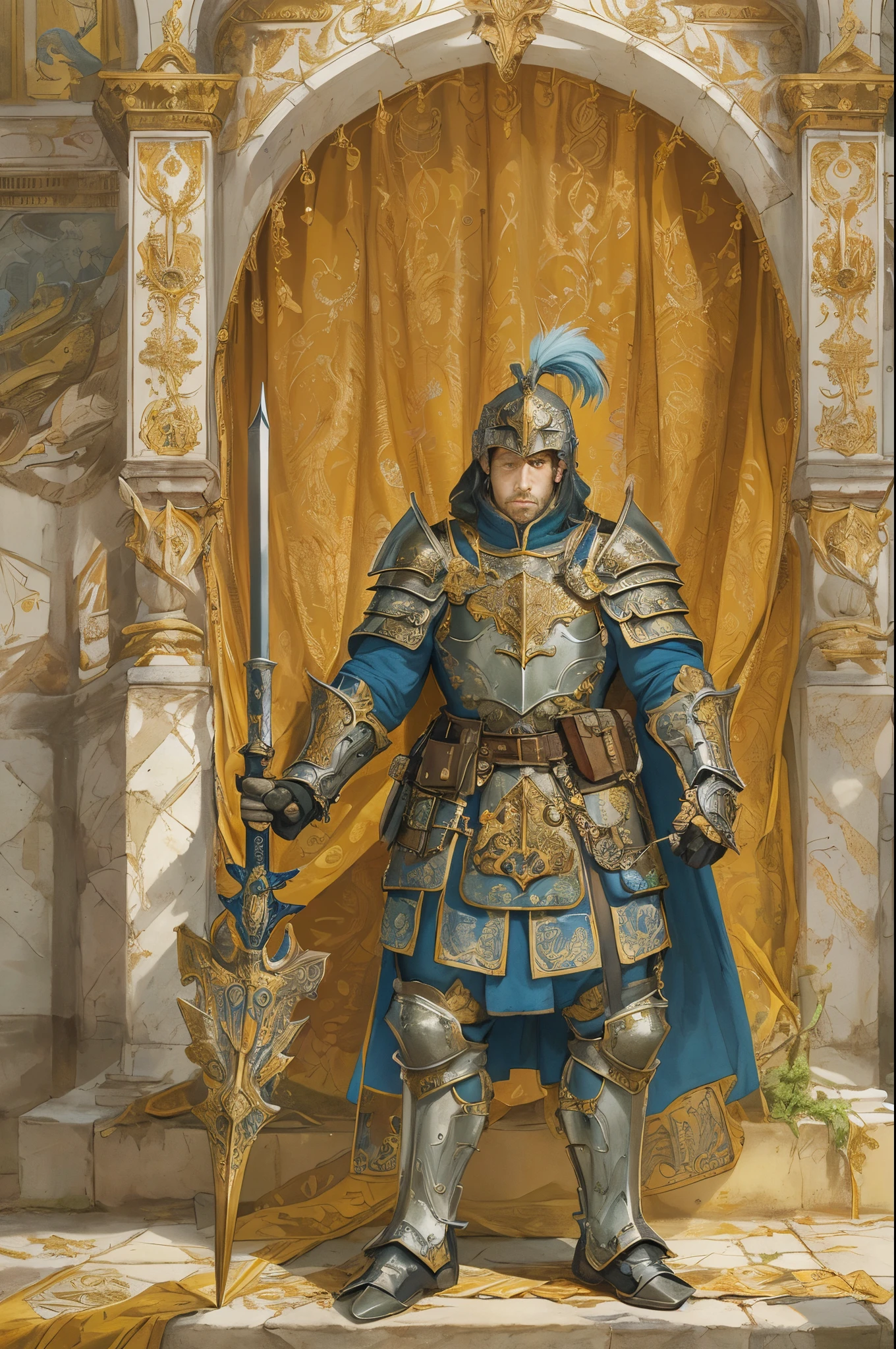 A refined, highly detailed, colored illustration in a seinen manga style, depicting an elite guard of a Renaissance-era city-state ruler with a more accurate style match to the period. The elite guard  portrayed with a leaner armor design, reflecting the historical accuracy of Renaissance-era armor. The armor  still intricately decorated and majestic but with a more realistic and practical design. The guard  equipped with a war-hammer in one hand, showcasing the weapon's strength and power. In the other hand, he holds a large rectangular shield, decorated to match the armor and symbolizing his duty to protect. The guard's helmet  ornate but practical, possibly featuring a crest or plume. His expression  stern and vigilant, embodying his unwavering commitment to protecting the ruler and ruling family. The illustration captures the regal and formidable appearance of the elite guard, with attention to historical detail in the armor and weaponry, and expressive facial features, all in a vivid and dynamic seinen manga style.