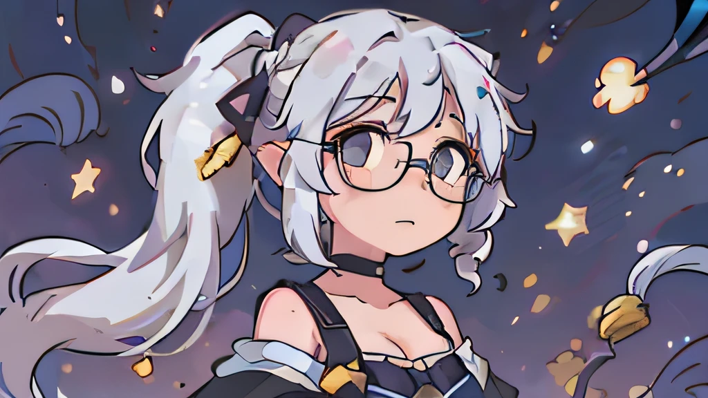Beautiful girl, Starry sky, luzes cintilantes, looking at the camera, rosto delicado, fora do ombro, clivagem, boutique glasses, cabelos brancos, olhos dourados, appearance of a twenty-five year old, flowing hair, Rosto alegre, colorido, almond-shaped eyes, Short twin tails, Low saturation colors, rabos de cavalo duplos acima das orelhas