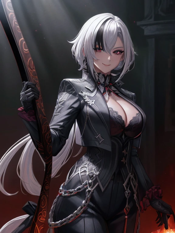masterpiece, best quality ,ultra-detailed, very detailed illustrations, extremely detailed, intricate details, highres, super complex details, extremely detailed 8k cg wallpaper, monochrome, black and white picture, caustics, reflection, ray tracing,1girl, super detailed face, Extremely detailed eyes, beautiful eyes, highres eyes, solo, white hair, black hair, multicolored hair, black eyes, x-shaped pupils, gloves, arle_suit, upper body, seductive smile, jewelry, looking_at_viewer, signature, solo, standing, unbuttoned clothes, boobs, (holding horsewhip in hands:1.3), (dark room:1.4), low light, moonlight dark, night, (at the centre of picture:1.2)