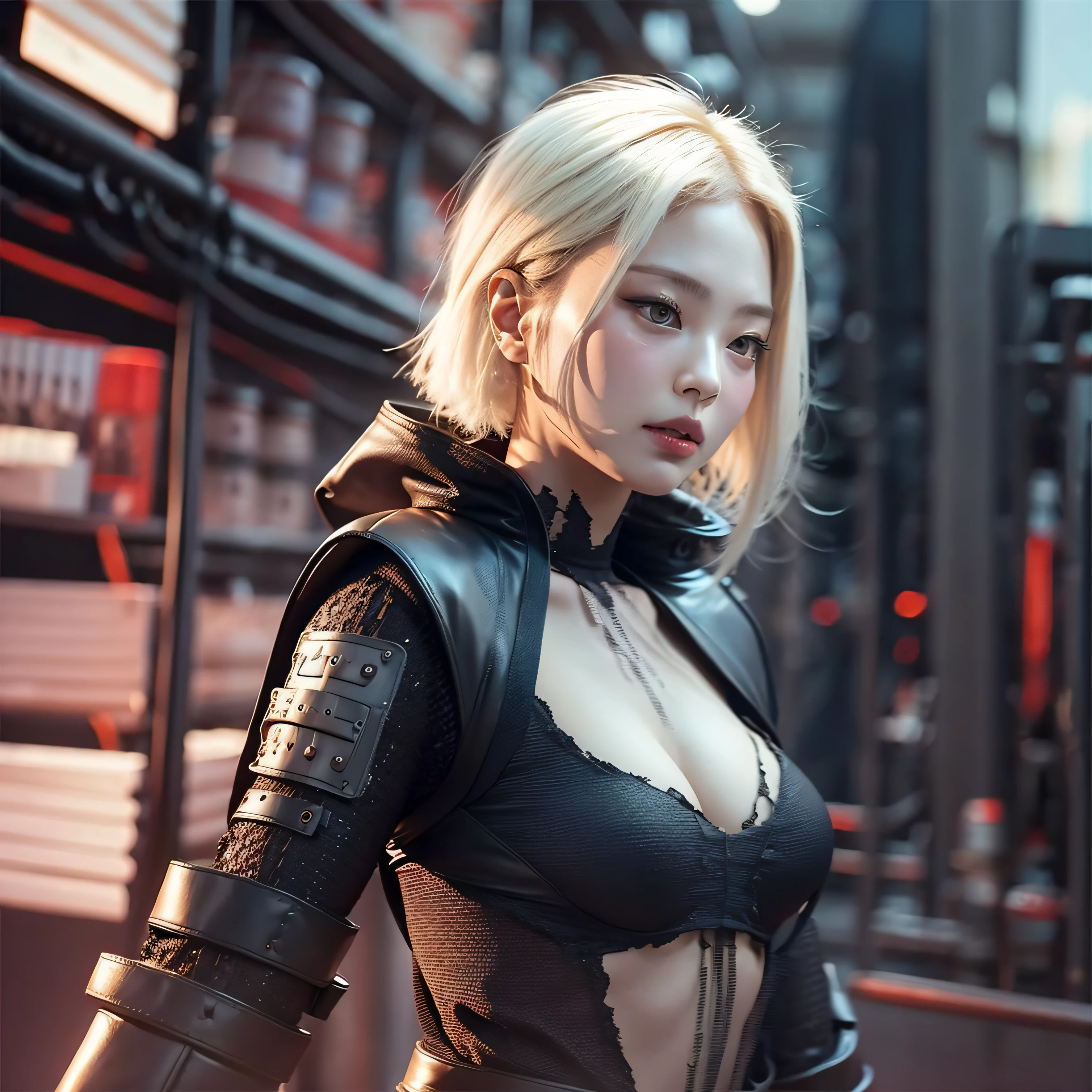 bright eyes, super detailed, black short hair, blood and wounds, stab wounds on body, dirty clothes, Jennie Kim, 30 yrs old girl, cyberpunk sexy suit, white hair, side view post, cleavage,