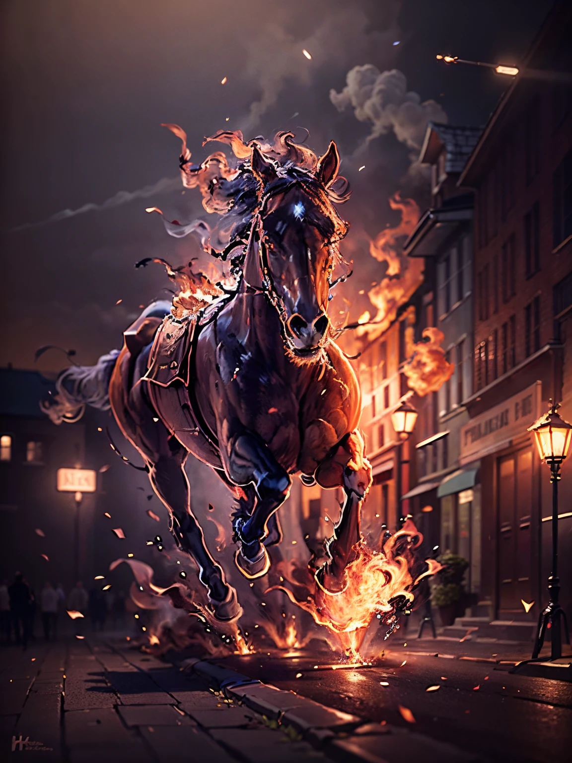 a running horse on fire,(redfire:1.3),
good hand,4k, high-res, masterpiece, best quality, head:1.3,((Hasselblad photography)), sharp focus, (cinematic lighting), collarbone, night, soft lighting, dynamic angle, [:(detailed face:1.2):0.2], outside, city,monochrome background,