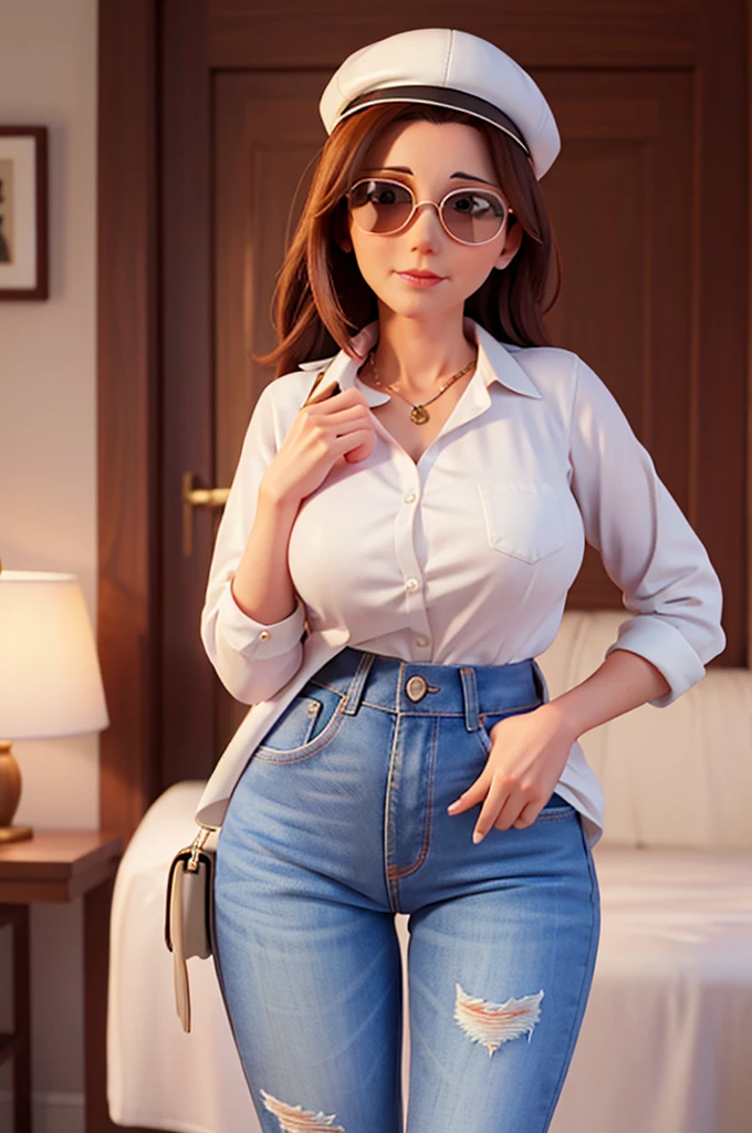 Mature Attachment, Stunning Attraction, MILF, Mature Woman, Mother, white shirt, jeans, white cap, sunglasses, dark room motel.
