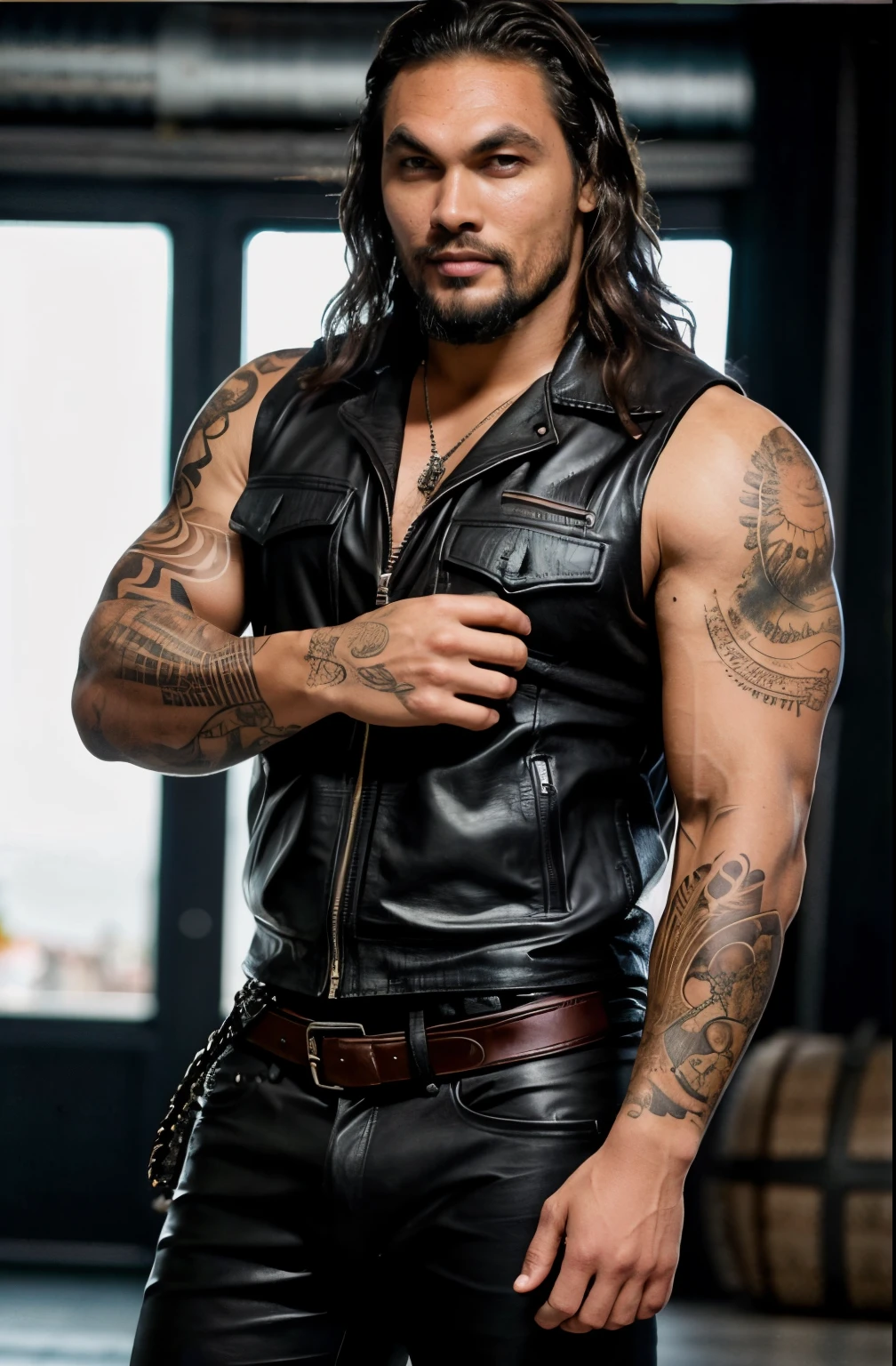 um homem com cabelos longos e tatuagens usando um colete de couro, usando um colete de couro preto, roupas de couro, usando colete blindado de couro, jerkin de couro, Johnny Silverhand, colete de couro preto aberto, roupas de couro, imagem de perfil, jason momoa, fantasia roupas de couro, couro, imagem de um motociclista masculino, vestido em couro biker, sem camisa sob o colete