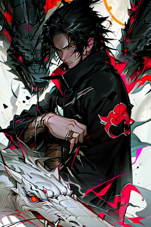 he a tall with spiky Black hair and or light brown eyes. He often mentioned as a scary person to his eyes,wizard, scar, black and white，，red tearlack and white painting，broken，sublevel，black and white，Eroded by darkness and light Hijikata