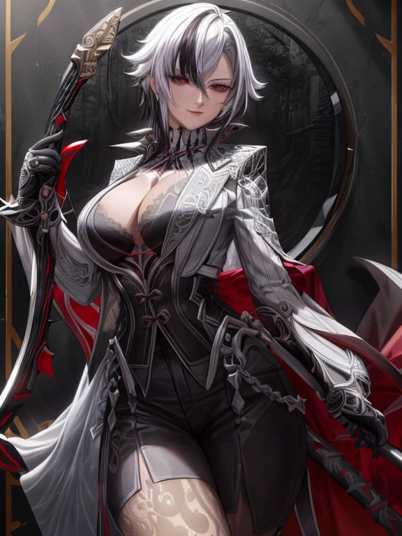 masterpiece, best quality ,ultra-detailed, very detailed illustrations, extremely detailed, intricate details, highres, super complex details, extremely detailed 8k cg wallpaper, monochrome, black and white picture, caustics, reflection, ray tracing,1girl, super detailed face, Extremely detailed eyes, beautiful eyes, highres eyes, solo, white hair, black hair, multicolored hair, black eyes, x-shaped pupils, gloves, arle_suit, upper body, seductive smile, jewelry, looking_at_viewer, signature, solo, standing, unbuttoned clothes, boobs, (holding horsewhip in hands:1.3), (dark room:1.4), low light, moonlight dark, night, (at the centre of picture:1.2)