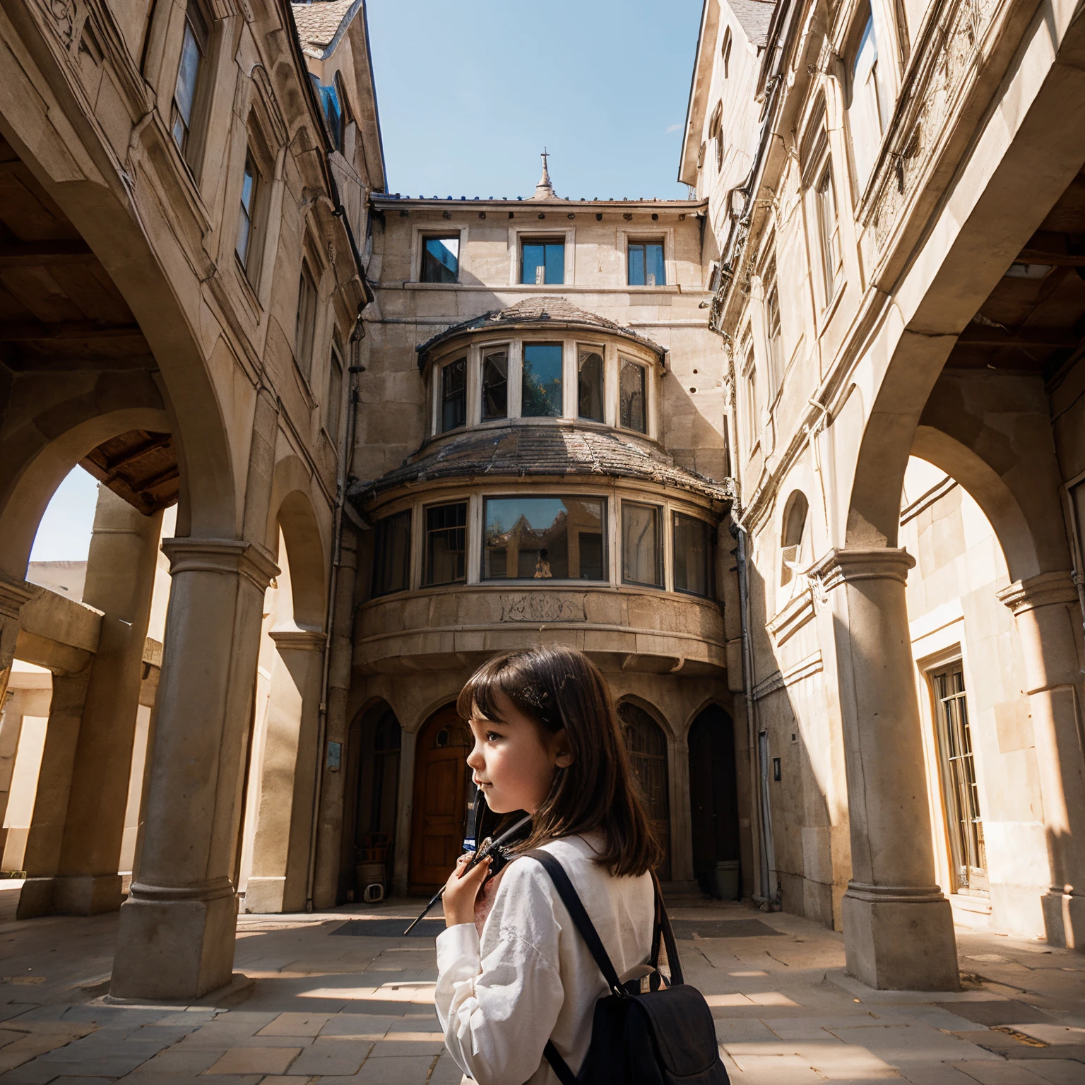 Create a picture of a beautiful whimsical architectural structure and a  girl sketching a building