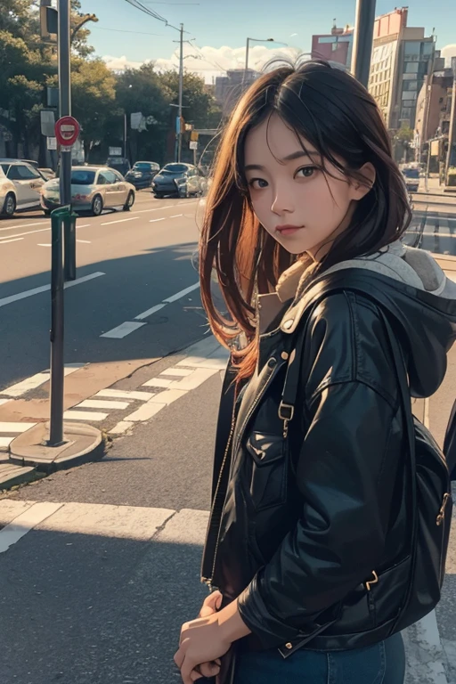 A young woman looking hopefully at the road from a bus stop. The sky shines golden and the sunlight falls on her face.