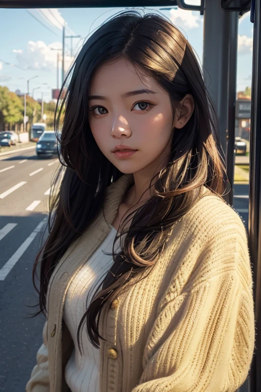 A young woman looking hopefully at the road from a bus stop. The sky shines golden and the sunlight falls on her face.