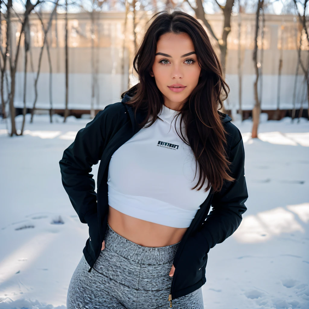 Photorealistic, ultra-detailed, Beautiful European woman, wearing winter sports clothes, outdoors, about to visit the gym, pre-workout, blurred background with winter trees, The essence of real life, brunette colour hair, twenty years old, cheerful medium breasts, bright day, analogue style, film grain, Best shadow, winter clothes, seductive look, portrait photo, Instagram LUT.