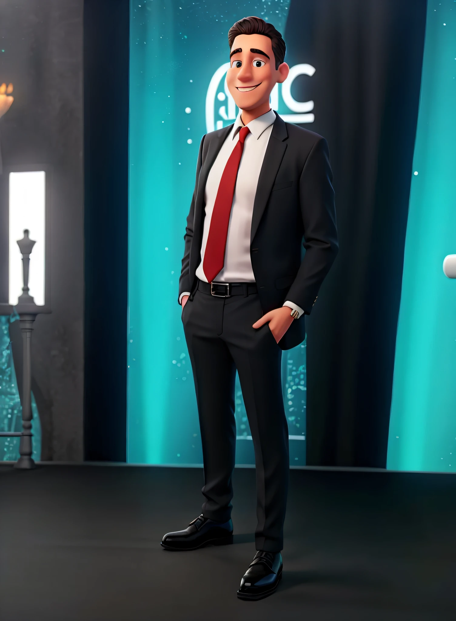 man in black suit, white shirt, and red tie standing in front of a stage, smiling, with hands in pockets, full-body, professional picture,
