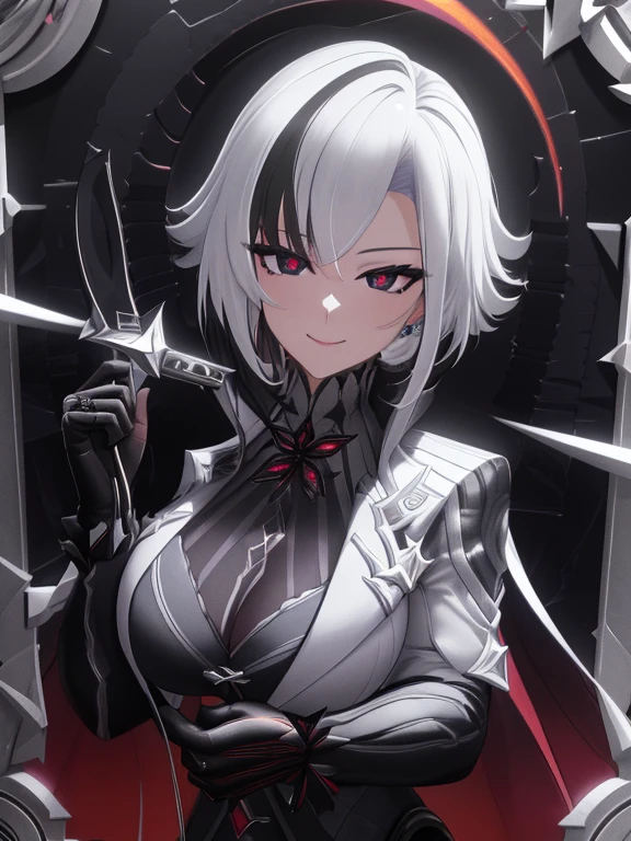 masterpiece, best quality ,ultra-detailed, very detailed illustrations, extremely detailed, intricate details, highres, super complex details, extremely detailed 8k cg wallpaper, monochrome, black and white picture, caustics, reflection, ray tracing,1girl, super detailed face, Extremely detailed eyes, beautiful eyes, highres eyes, solo, white hair, black hair, multicolored hair, black eyes, x-shaped pupils, gloves, arle_suit, upper body,  smile, jewelry, looking_at_viewer, signature, solo, standing, unbuttoned clothes, , (holding whip in hands:1.3), (dark room:1.4), low light, moonlight dark, night,  (at the centre of picture:1.2)