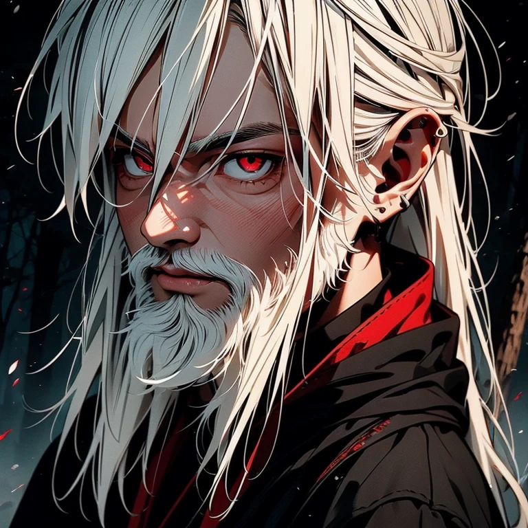 An white haired asian male with tanned skin,(the same person , 26 years old, short white beard with long white hair and red eyes, wearing black robe), forest background, vagabond art style, kentaro miura art style, eye level angle, ( full body), detailed lighting and shadows, detailed, masterpiece,4k, good image, perfect face, good anatomy, angered expression, scratch on cheeks.