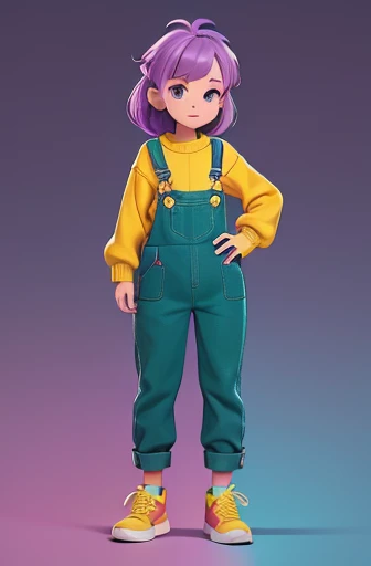full length girl with purple hair, wearing a yellow sweater, green overalls, wearing yellow sneakers, holding a bottle, Bright Fantasy Style, Magic Spell Icon, Character Portrait, Official Character, Bright Witch, Pixie Character, Glowwave Girl Portrait, Official Character Illustration, Stylized Digital Illustration, Character Illustrations, Whimsical Portrait, Dream Medium Portrait High Light