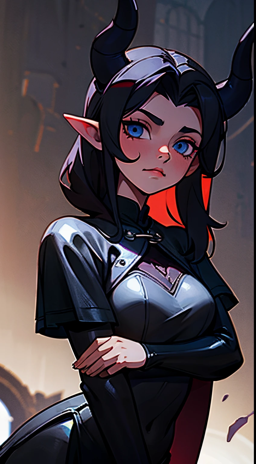 Tiefling girl, black horn, all black leather, In the Middle Ages
