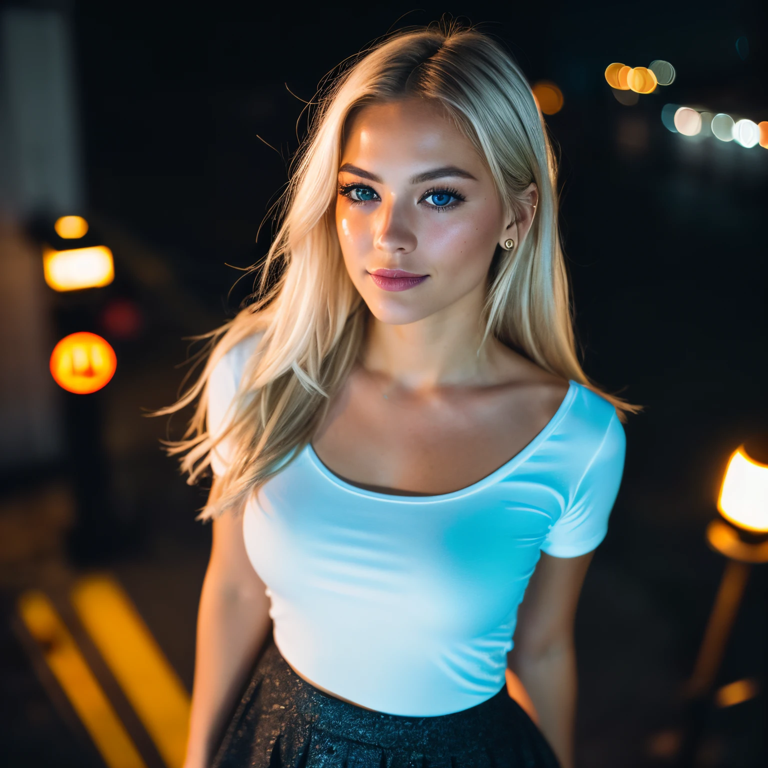 (autophoto, Top view: 1.4), (straight half of the body: 1.4), RAW uhd portrait photo of a 24 year old blonde (woman with light blue eyes) walking down a dark alley, big breasts,, city at evening, (White T-shirt skirt with round neck), (neckline), Details (Textures! , hair! , Brilliantine, Color!! , disadvantages: 1.1), bright eyes with lots of detail. (looking to the camera), reflex lighting, reflex camera, ultra quality, sharpness, depth of field, film grain (center), Fujifilm XT3, Clear as crystal, frame center, beautiful face, sharp focus, streetlight, neon lighting, bokeh (dimly lit), evening, (evening sky), detailed skin pores, oily skin, Tanned, complex eye Details, Whole body, big breasts