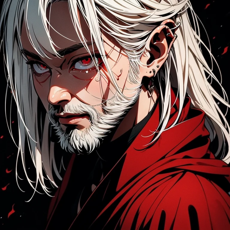 An white haired asian male with tanned skin,(the same person , 26 years old, short white beard with long white hair and red eyes, wearing black robe), forest background, vagabond art style, kentaro miura art style, eye level angle, ( full body), detailed lighting and shadows, detailed, masterpiece,4k, good image, perfect face, good anatomy, tears, crying, blood stains on face, solo.