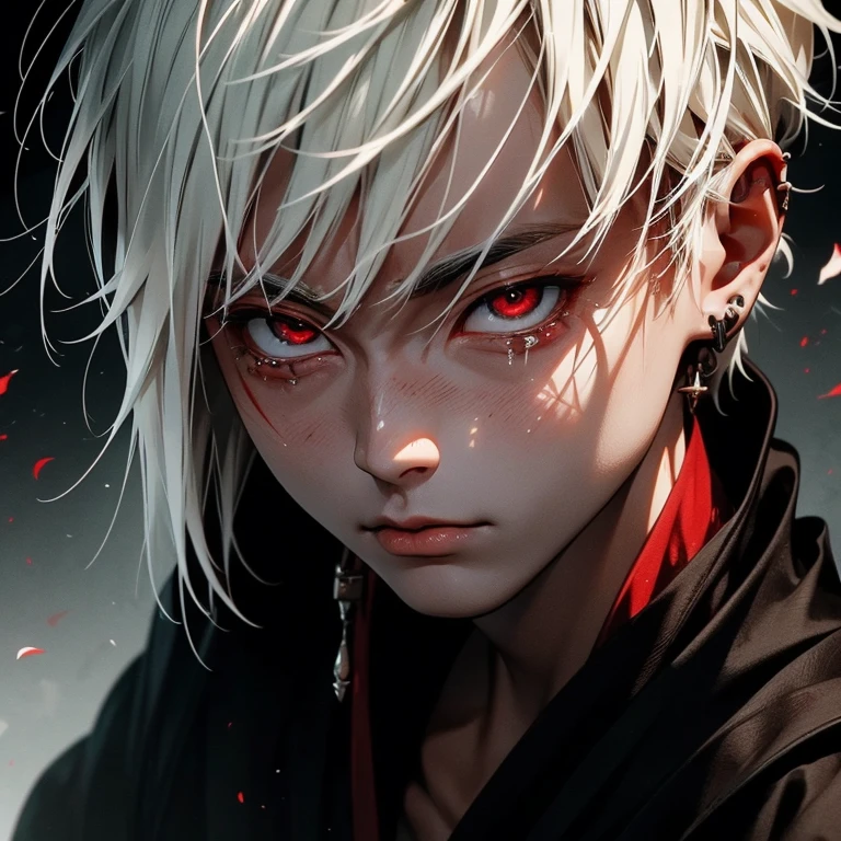 An white haired asian male with tanned skin,(the same person , 26 years old, short white beard with long white hair and red eyes, wearing black robe), forest background, vagabond art style, kentaro miura art style, eye level angle, ( full body), detailed lighting and shadows, detailed, masterpiece,4k, good image, perfect face, good anatomy, tears, crying, blood stains on face, solo.