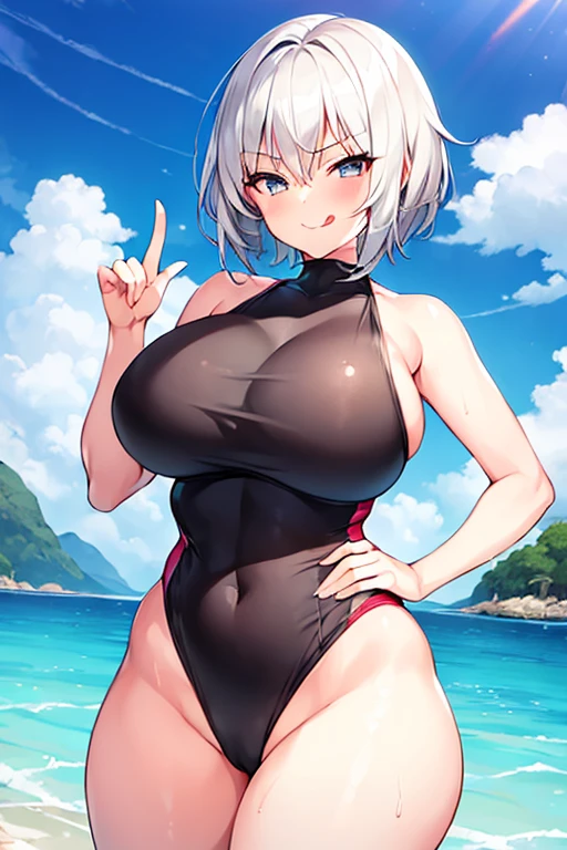 1girl, breasts, large breasts, wide hips, thick thighs, white hair, silver hair, grey hair, short hair, very short hair, tomboy, one-piece swimsuit, black one-piece swimsuit, competition swimsuit, smirk, smug, smile, finger to mouth, tongue, tongue out