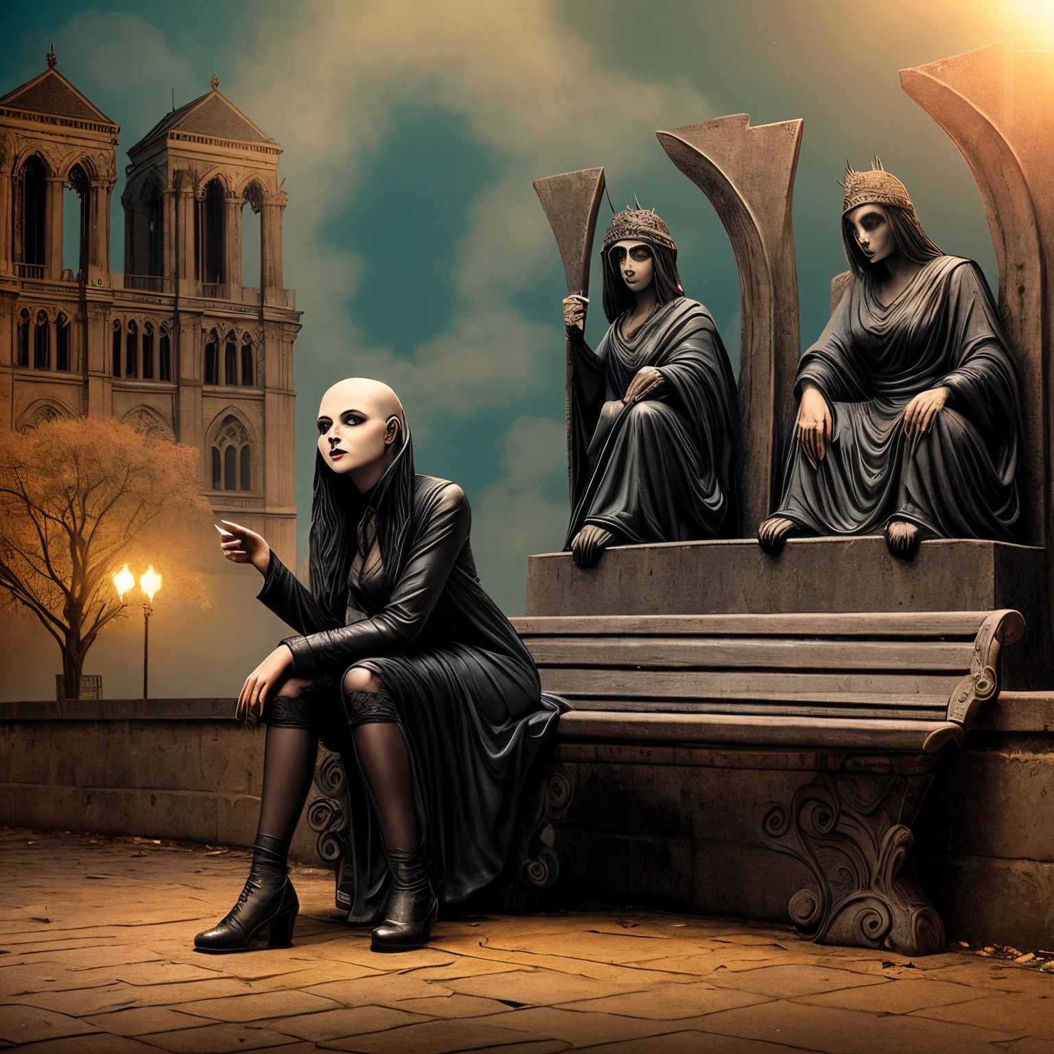 bald goth girl , on bench , goth statues behind , dark , gothic atmosphere