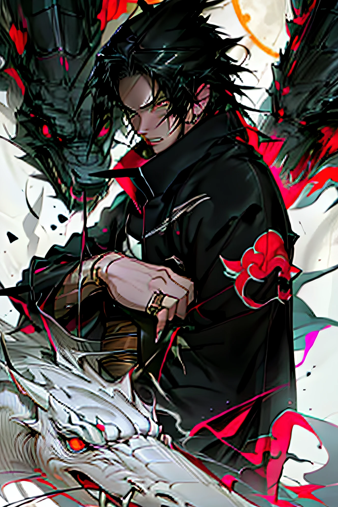 he a tall with spiky Black hair and or light brown eyes. He often mentioned as a scary person to his eyes,wizard, scar, black and white,,red tearlack and white painting,broken,sublevel,black and white,Eroded by darkness and light Hijikata
