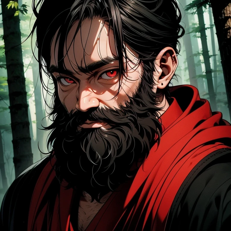 An asian male with tanned skin,(the same person , 40 years old, mature, wrinkles on face, long white beard with long black hair and red eyes, wearing white robe), forest background, vagabond art style, kentaro miura art style, eye level angle, ( full body), detailed lighting and shadows, detailed, masterpiece,4k, good image, perfect face, good anatomy, stoic expression.