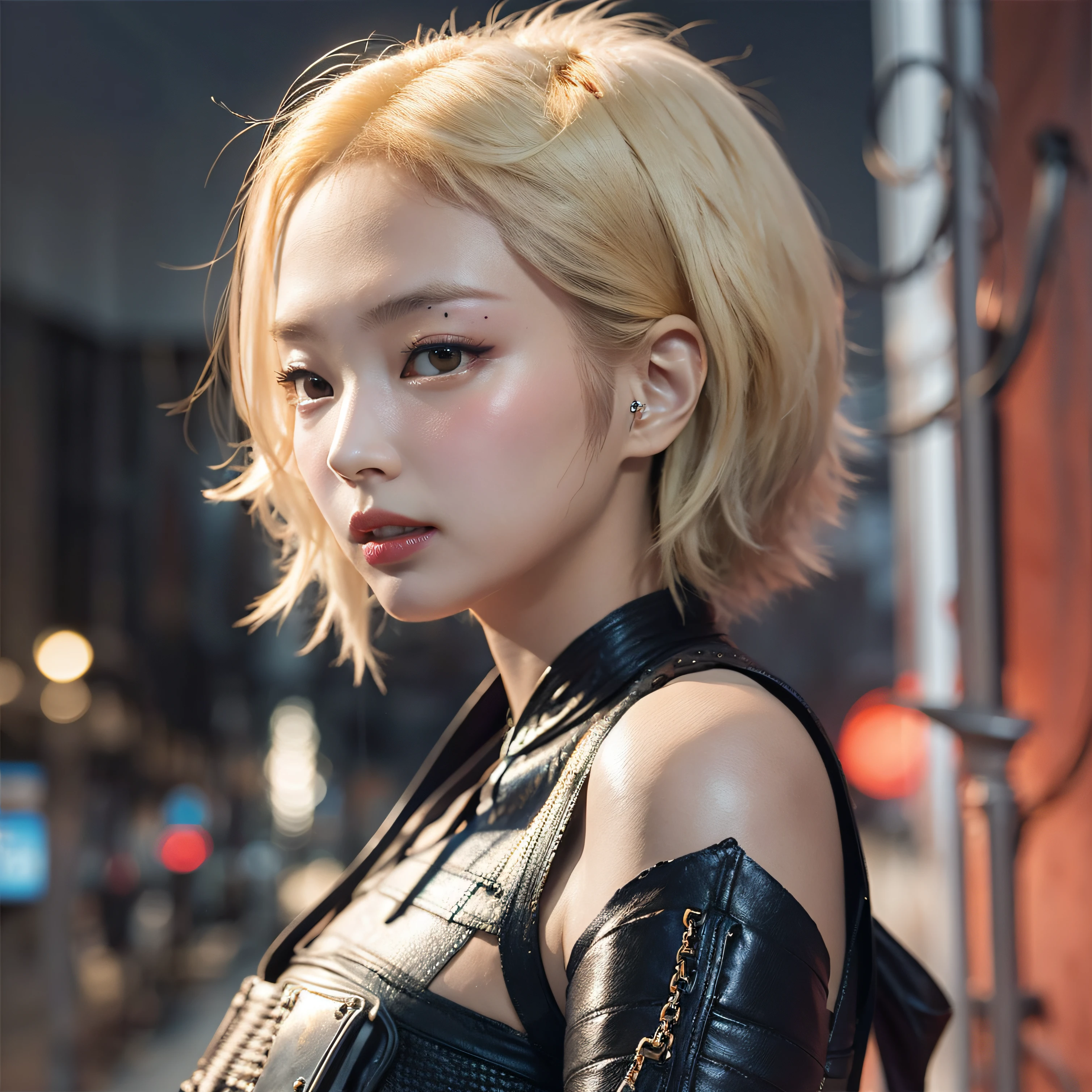 A beautiful girl, Japanese beautiful gyaru, blond hair, (very short hair:1.4), devilish smile, (big breasts:1.2), Rock style fashion, (Sleeveless Black Riders Jacket:1.2), Short length latex shirt_open zipper, Very short black leather pants. dog collar, (Butterfly tattoo on chest:1.1), Tattoo of a rose on the shoulder, Downtown New York City at night. Lots of neon signs. Diagonal front composition,//quality, Realistic photograph, (best quality:1.5), (hyper-realistic:1.2), (high resolution:1.5), (Cinematic Lighting:1.2), upper body shot, RAW photo, (4k. 8k precision image), detailed textures, sharp focus,ultra-detailed,