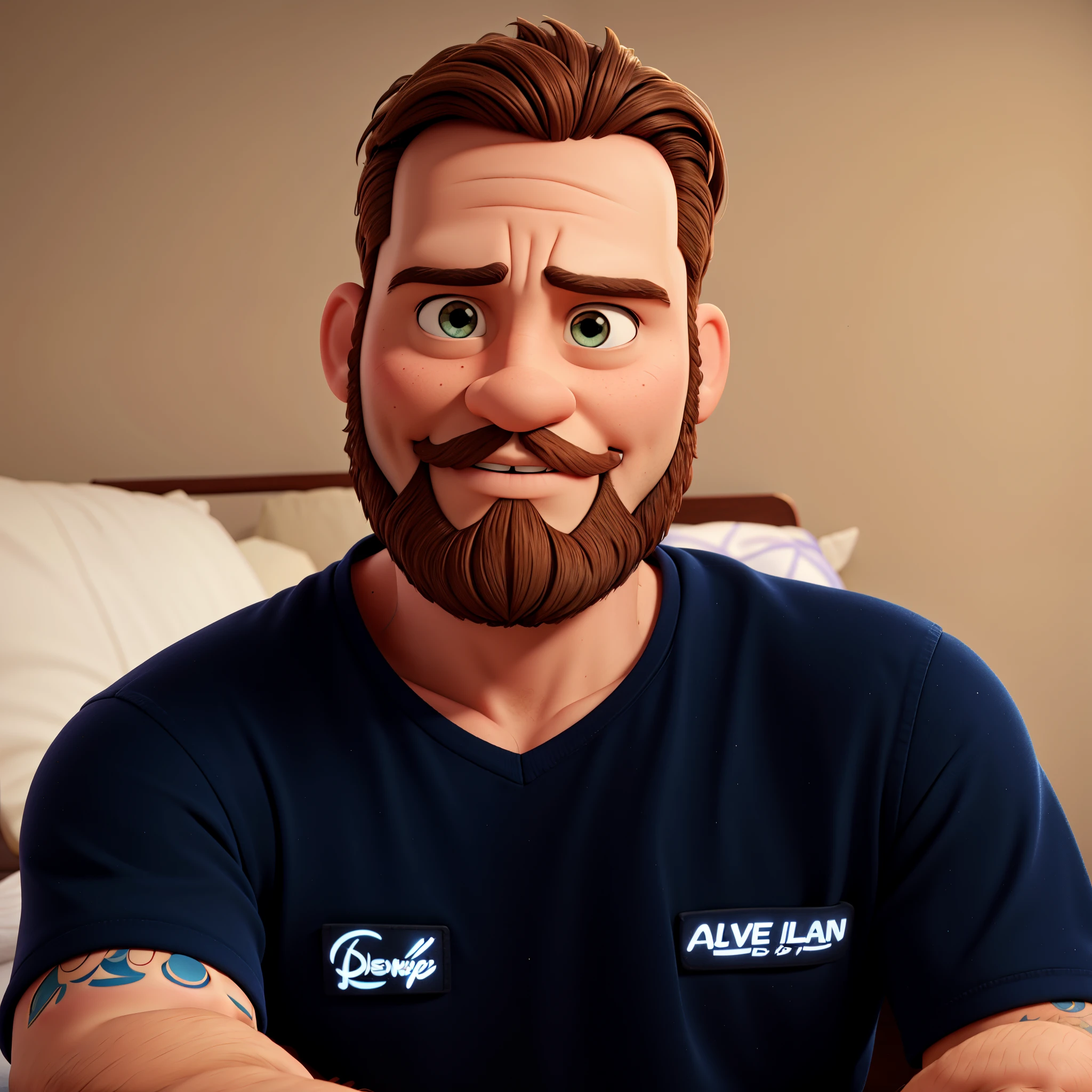 disney 3d character, man with a beard sitting on a bed with his arms crossed