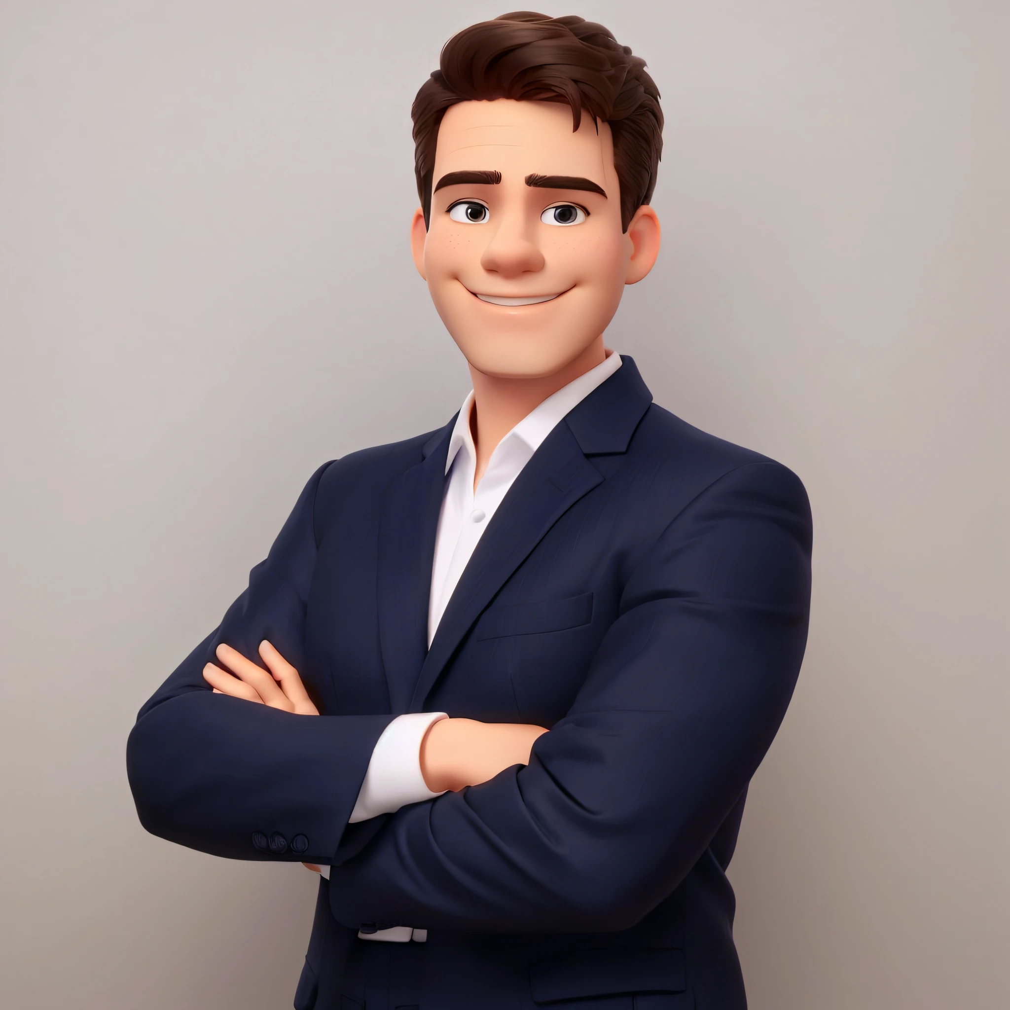 disney character, man smiling in a suit and white shirt standing with his arms crossed, professional profile picture,