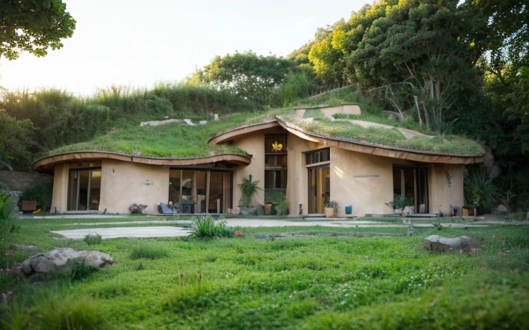 A photograph of a symmetrical contemporary house with (((one hyperbolic paraboloid green roof))) and (((biological pool))) and (((base wall rock foundation))) in a tropical backyard, high roof and long eaves, mustard yellow terracota plaster walls (((rustic clay stucco))), ((corner walls rounded)), ((rustic clay plaster)), (((terracotta walls with rounded corners, organic curves))), (((rustic earth plaster, mud))), (((hyperbolic-shaped green roof with wooden edge))), (((wooden roof structure, wooden rake, wooden fascia board))), eaves, ((roof with wooden structure)), In Bahia (((tropical garden))), ((natural houses, organic buildings, organic architecture)), ecovillage, sustainable architecture, bioconstruction architecture, solarpunk architecture, (((grass roof, green roof, green wave roof, rounded roof, vegetated roofs))), (((rock base foundation wall, foundation height 30cm, stone base wall 30cm high))), ((green architecture)), passive house, clear sky in the background, painful beauty, modern, imposing, green house, ((Bali hobbit Hadid Style)), super resolution, cinematic, color grading, editorial photography, photography, photo shoot, (((dramatic front eye top angle view))), O 50mm, depth of field, intricate details, natural colors, sharp focus, warm light, shutter speed 1/1000, F/22, White Balance, Ray Trace Reflections, Lumen Reflections, Screen Space Reflections, Diffraction Rating, Chromatic Aberration, GB Shift, Partial Lighting, Backlighting, Daylighting, Scan Lines, ambient occlusion, antialiasing, shaders, OpenGL-Shaders, GLSL-Shaders, Post-processing, post-production, shading, tone mapping, incredibly detailed and complex, hypermaximalist, elegant, hyperrealistic, super detailed, dynamic pose, Fujifilm XT