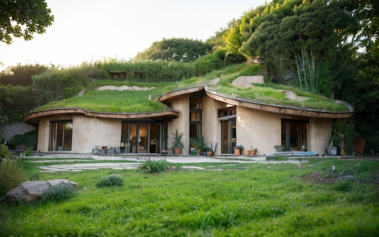 A photograph of a symmetrical contemporary house with (((one hyperbolic paraboloid green roof))) and (((biological pool))) and (((base wall rock foundation))) in a tropical backyard, high roof and long eaves, mustard yellow terracota plaster walls (((rustic clay stucco))), ((corner walls rounded)), ((rustic clay plaster)), (((terracotta walls with rounded corners, organic curves))), (((rustic earth plaster, mud))), (((hyperbolic-shaped green roof with wooden edge))), (((wooden roof structure, wooden rake, wooden fascia board))), eaves, ((roof with wooden structure)), In Bahia (((tropical garden))), ((natural houses, organic buildings, organic architecture)), ecovillage, sustainable architecture, bioconstruction architecture, solarpunk architecture, (((grass roof, green roof, green wave roof, rounded roof, vegetated roofs))), (((rock base foundation wall, foundation height 30cm, stone base wall 30cm high))), ((green architecture)), passive house, clear sky in the background, painful beauty, modern, imposing, green house, ((Bali hobbit Hadid Style)), super resolution, cinematic, color grading, editorial photography, photography, photo shoot, (((dramatic front eye top angle view))), O 50mm, depth of field, intricate details, natural colors, sharp focus, warm light, shutter speed 1/1000, F/22, White Balance, Ray Trace Reflections, Lumen Reflections, Screen Space Reflections, Diffraction Rating, Chromatic Aberration, GB Shift, Partial Lighting, Backlighting, Daylighting, Scan Lines, ambient occlusion, antialiasing, shaders, OpenGL-Shaders, GLSL-Shaders, Post-processing, post-production, shading, tone mapping, incredibly detailed and complex, hypermaximalist, elegant, hyperrealistic, super detailed, dynamic pose, Fujifilm XT