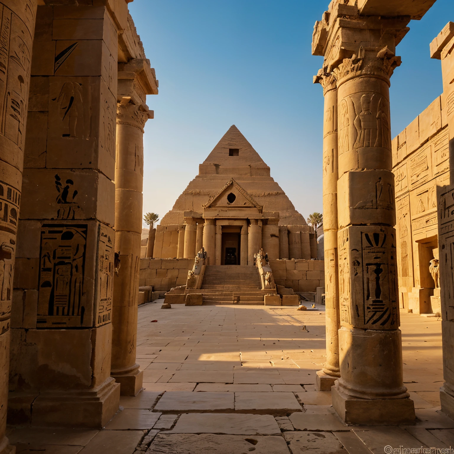 Ancient Egyptian architecture, layout Architecture building, luxury, the rich building façade of the Exterior walls massive stones, columns, and piers, were covered with hieroglyphic and pictorial frescoes and carvings painted in brilliant colors. motifs of Egyptian ornamentation are symbolic, such as the scarab, or sacred beetle, the solar disk, and the vultures and falcons . motifs include palm leaves, the papyrus plant, and the buds and flowers of the lotus. Hieroglyphs were inscribed for decorative purposes as well as to record historic events or spells. In addition, these pictorial frescoes and carvings how the Ancient Egyptians lived, their statuses, the wars that were fought, and their beliefs. Temples adjoined to the pyramids of Giza. , fog sky, dramatic colorful red sunset sky moment, birds-eye perspective., river, desert, bridging