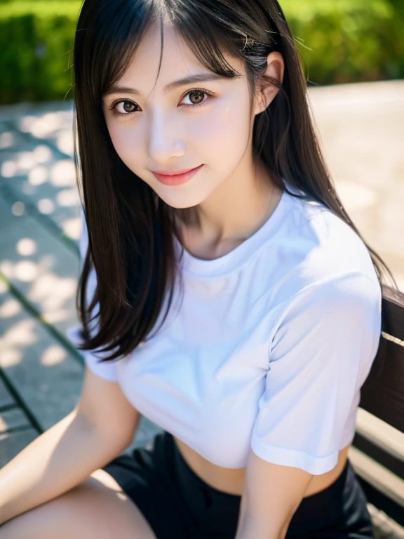 (8K, Raw photo, Best Quality, detailed, masterpiece:1.5), (Photorealistic:1.4), (Very detailed 8k wallpaper), Cinematic, Japanese idol, 20 years old, ultra-detailed face, ((cute)), detailed eyes, highly detailed lips , black hair, pale skin, Looking at Viewer, Smiling, huge breasts, fit, park, sitting on a bench, wet white t-shirt, shorts