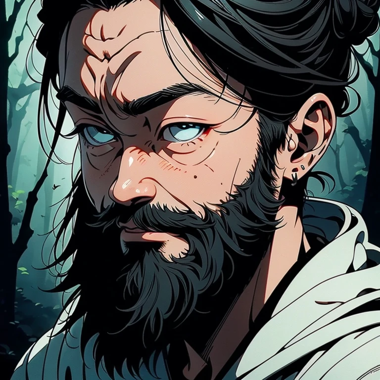 An asian male with tanned skin,(the same person , 40 years old, mature, wrinkles on face, long white beard with long black hair tied up to bun and sapphire eyes, wearing white robe), forest background, vagabond art style, kentaro miura art style, eye level angle, ( full body), detailed lighting and shadows, detailed, masterpiece,4k, good image, perfect face, good anatomy, angry expression.
