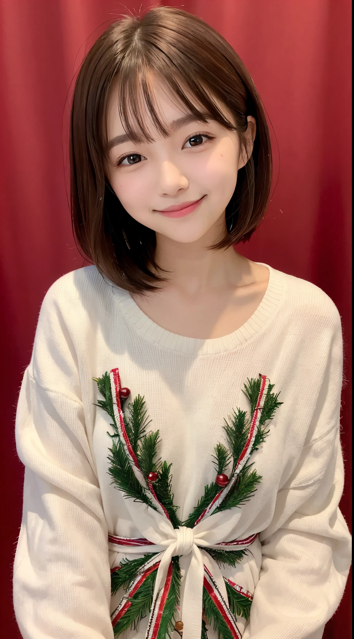 she is a woman with a cute smile、thin lipss、Small eyes、brown hair berry short cut、small nose、Christmas Tree Background、