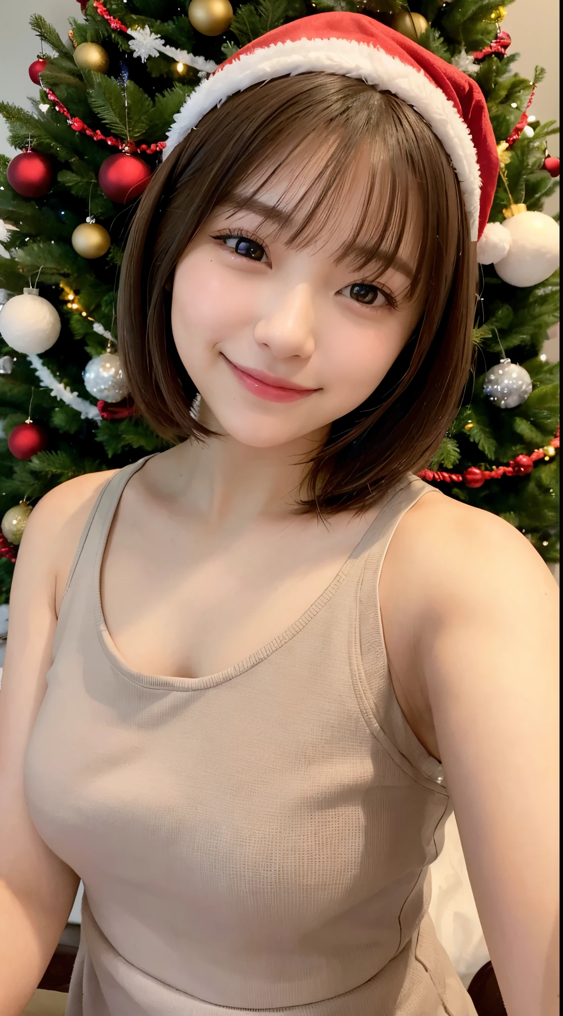 She is a 30 year old woman with a cute smile、thin lipss、Small eyes、brown hair berry short cut、small nose、Christmas Tree Background、