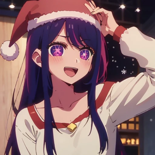aihoshinonova, 1girl , solo, long hair, bangs, purple hair, purple eyes, star-shaped pupils, open mouth, collarbone, blush, ((christmas shirt)), looking at viewer, breasts, :d, christmas hat, christmas clothes,