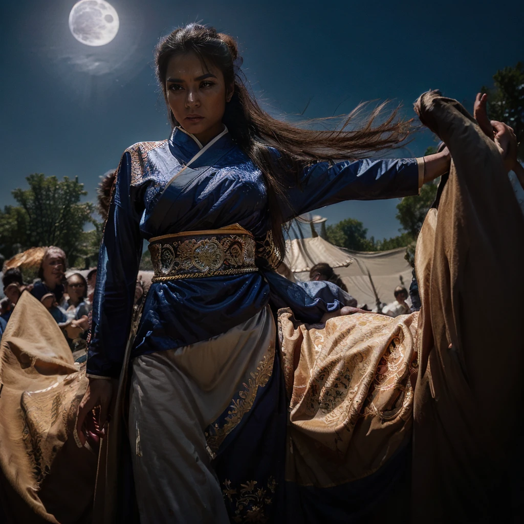 Rebelious, gorgeous, beautiful, wealthy, powerful, confidence, warrior asian princess, facing giant monster in a battle under moonlight