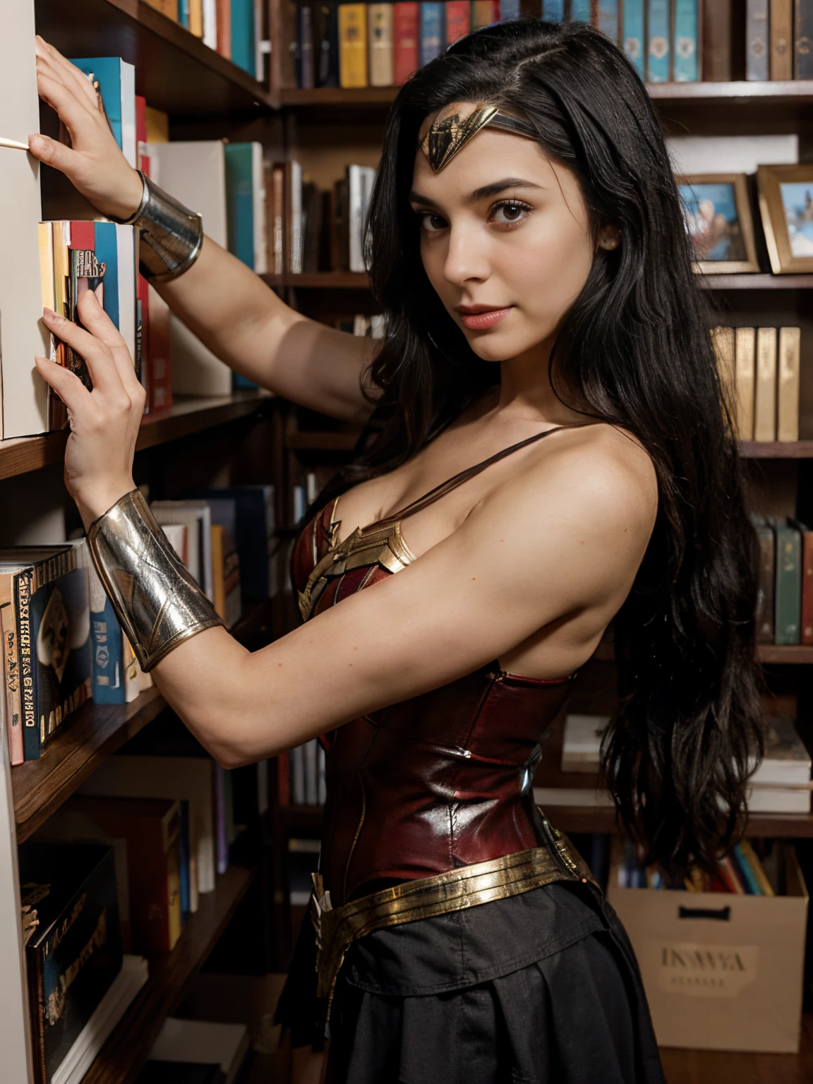 Nia Frost, 26 years old, Italian, long straight black hair, black eyes, with a slight smile, casually dressed as Wonder Woman, organizing books on a shelf, side view.