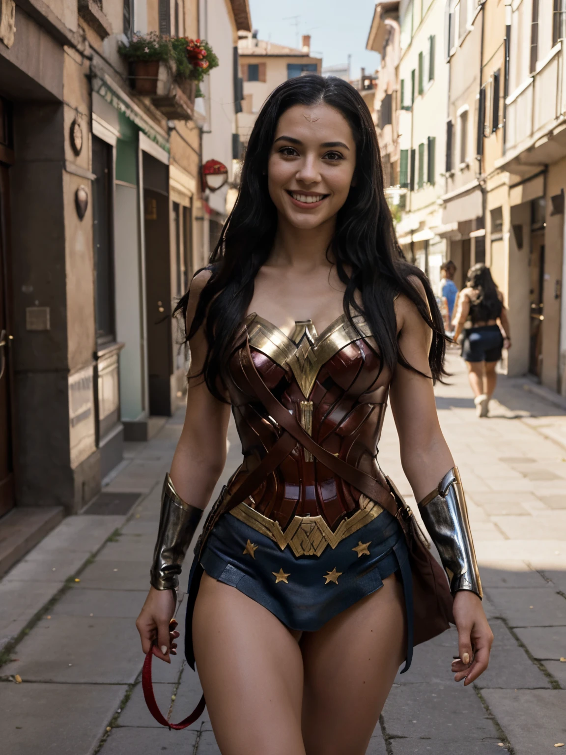 Nia Frost, 26 years old, Italian, long straight black hair, black eyes, with a big smile, casually dressed as Wonder Woman, walking a dog, front view.