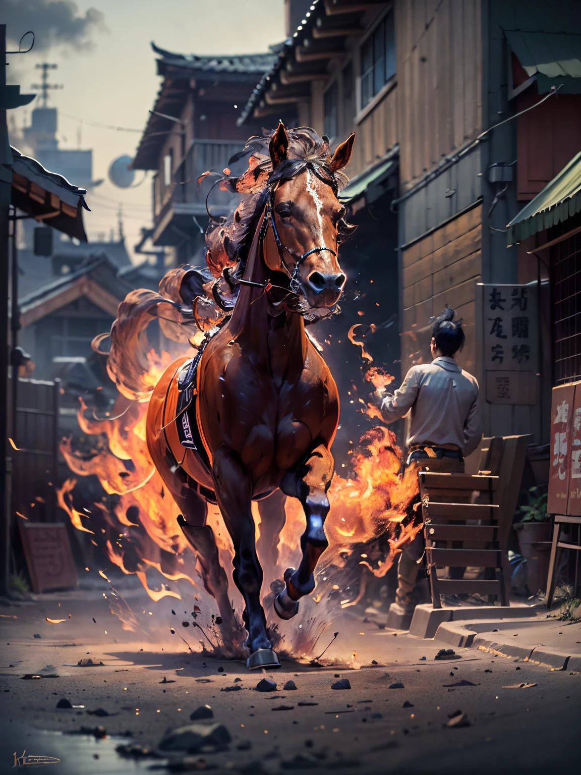 a running horse on fire,(redfire:1.3), good hand,4k, high-res, tmasterpiece, best quality, head:1.3,((Hasselblad photography)), sharp focus, (cinematic lighting), 鎖骨, night, Soft lights，dynamic angle，[:(detailface:1.2):0.2]，outside，城市，one color background