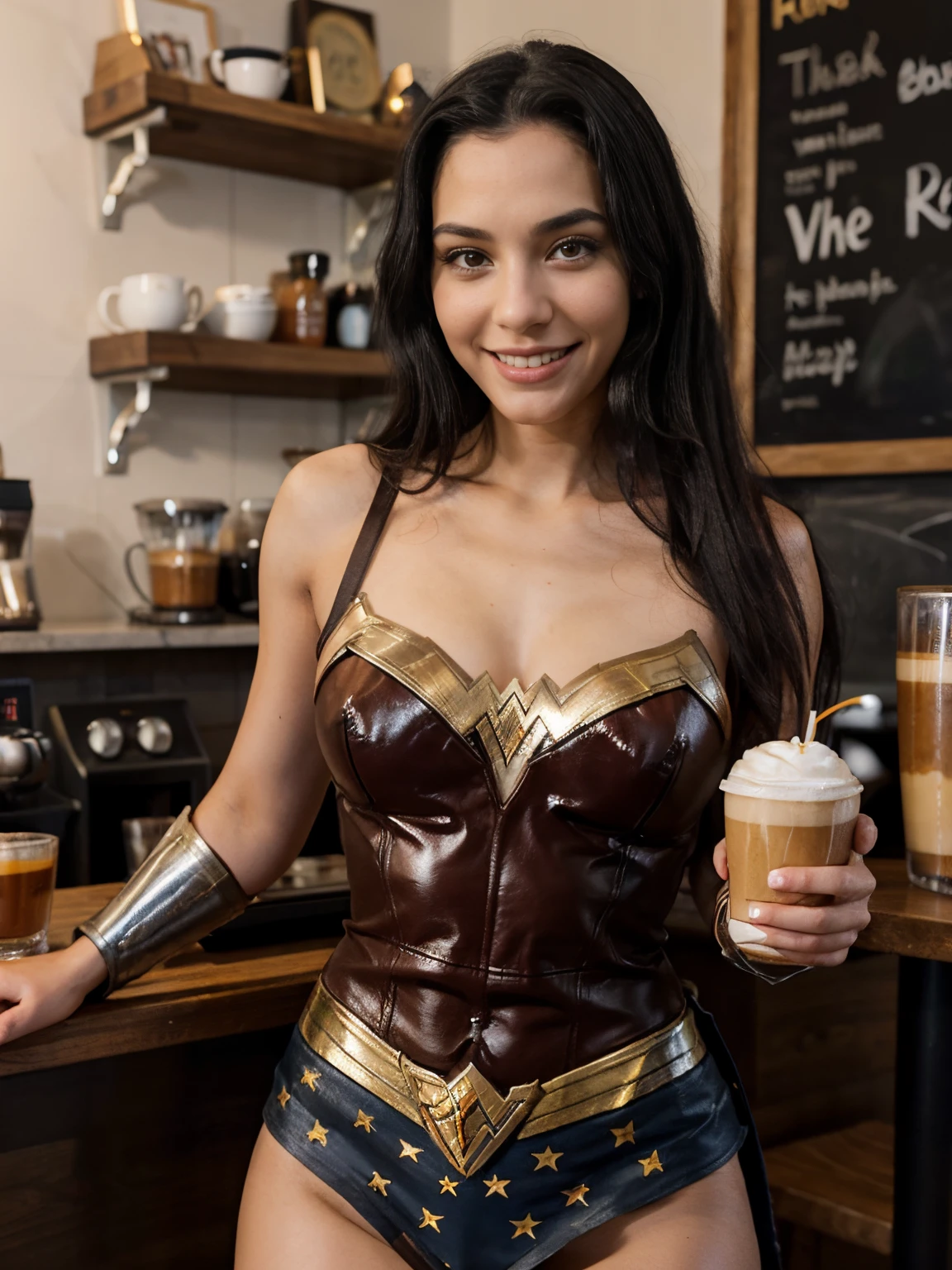 Nia Frost, 26 years old, Italian, long straight black hair, black eyes, with a big smile, casually dressed as Wonder Woman, having coffee in a cafe, front view.