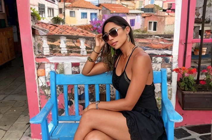 mujer sentada en un banco azul frente a una pared colorida, 30-year-old french woman, al sol, 30-year-old woman from cuba, en una tumbona, Lleva una camiseta negra sin mangas, Sentado en una mesa, he about 40 years old, she about 4 0 years old, 3 6 years old