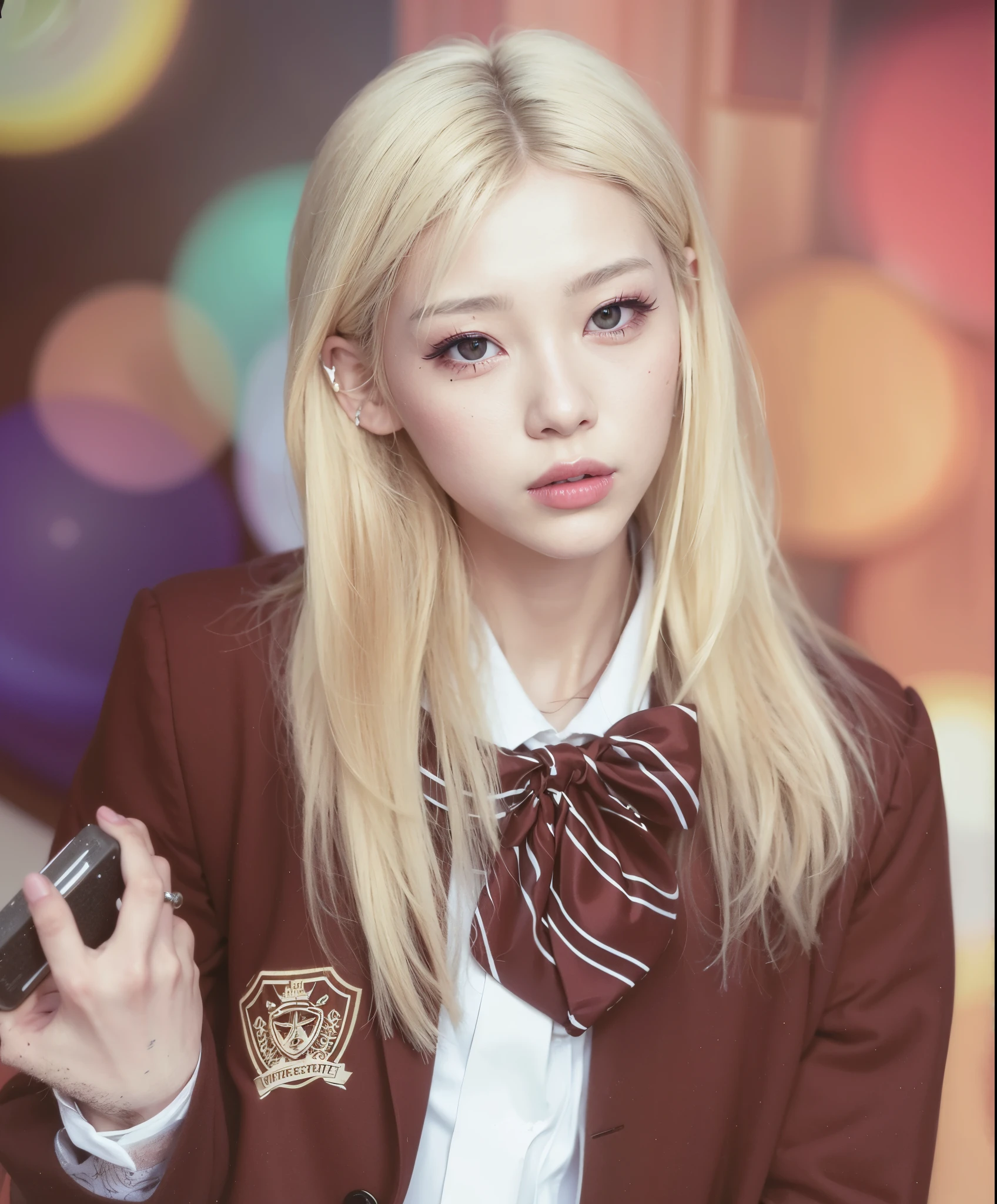 Blonde woman with bow tie and cell phone., Retrato de Jossi de Blackpink, Parque Roseanne de Blackpink, Retrato de Kpop Idol, inspirado por Yanjun Cheng, Jossi de Blackpink, Una colegiala hiperrealista, portrait of female Korean idol, Jaeyeon Nam, Lalisa Manoban de Blackpink, Obras de arte al estilo de Guweiz, Jinyoung Shin