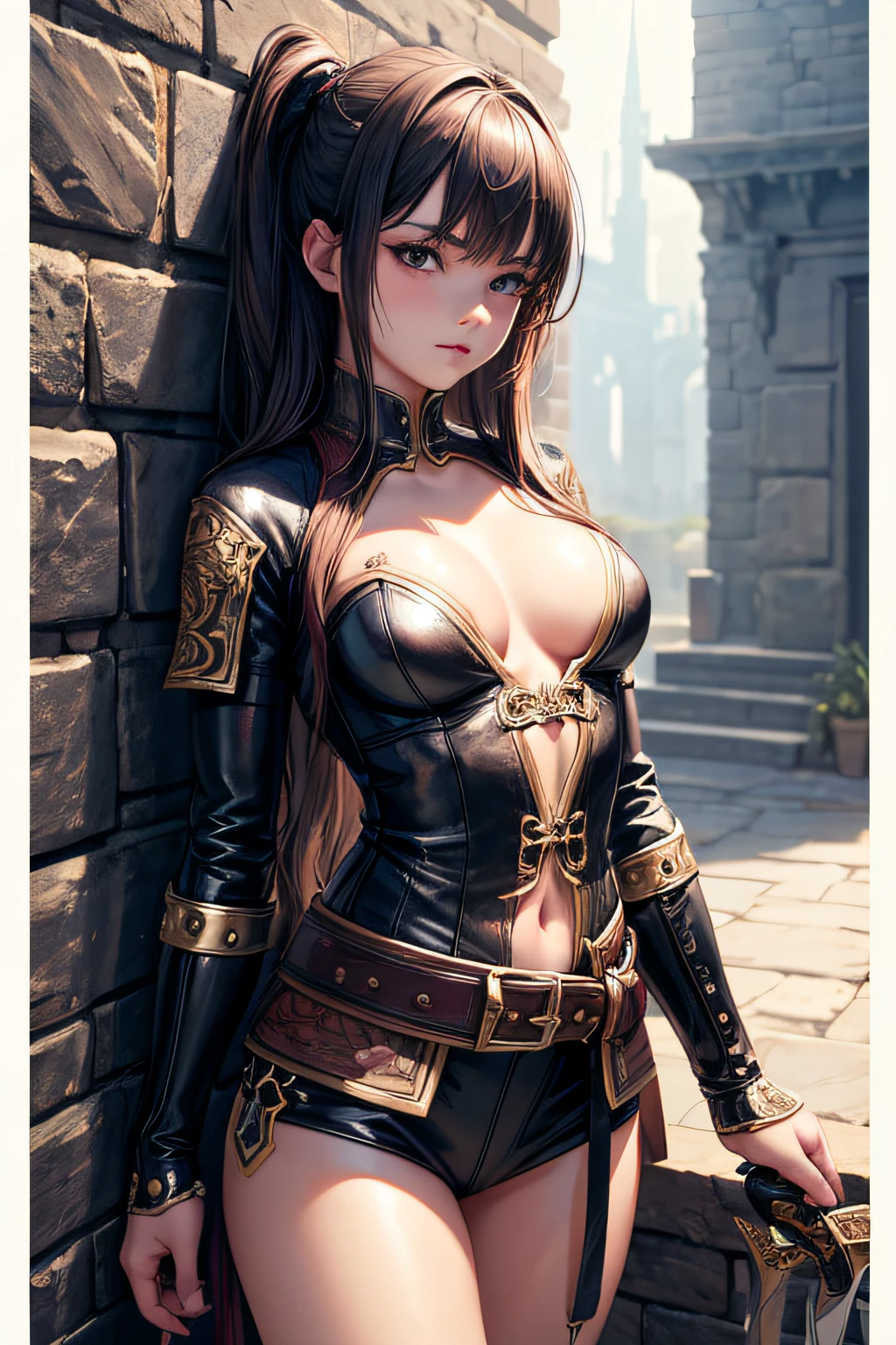 , medieval adveturer, leather clothes, sword attached to the belt, sexi, small breasts, , highly detailed, vibrant appearance, creative behavior, extremly detailed, imaginative, sensual, spontaneous, highest quality, skin texture, intricate details, (cinematic lighting), RAW photo, 8k, masterpiece,best quality,ultra-detailed,very detailed illustrations,extremely detailed,intricate details,highres,super complex details,extremely detailed 8k cg wallpaper,