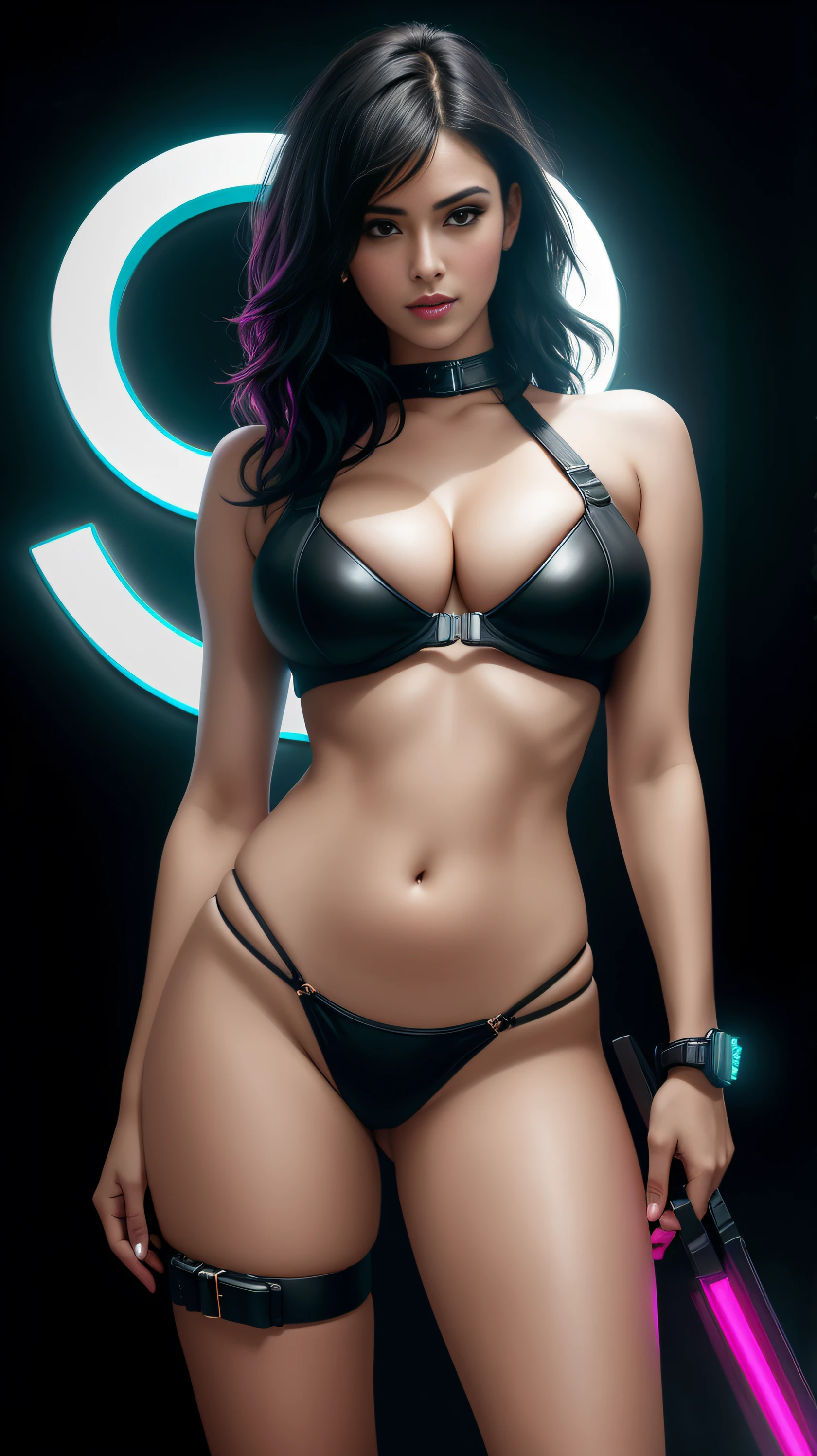 there is Shirine Boutella standing, 3 d neon art of a womans body, neon-noir background, cyberpunk femme fatale, seductive cyberpunk dark fantasy, cyberpunk strip clubs, cyberpunk 20 y. o model girl, oppai cyberpunk, banner, high definition cgsociety, cgsociety masterpiece, trending on cgstation, kda, random hair, looking at camera, gigantic breasts, cleavage, (high detailed skin:1.2), 8k uhd, dslr, super lighting, high quality, film grain, high res, highly detailed, hyper realistic, beautiful face, beautiful body, beautiful eyes nose lips, alluring expression, very bold, upper boobs visible, full body photo, standing legs apart, pale translucent glowing skin, most beautiful face, cute, (well defined pubic hair:1.2)), (dark plain black background:1.4))