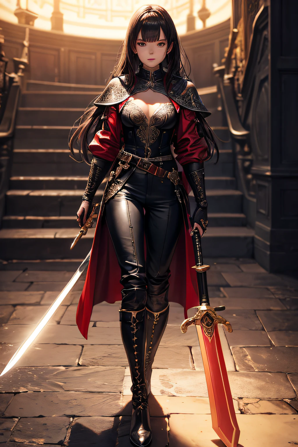 , medieval adveturer, red and black leather clothes, long pants, boots, long coat,, sword attached to the belt, sexi, small breasts, , highly detailed, vibrant appearance, creative behavior, extremly detailed, imaginative, sensual, spontaneous, highest quality, skin texture, intricate details, (cinematic lighting), RAW photo, 8k, masterpiece,best quality,ultra-detailed,very detailed illustrations,extremely detailed,intricate details,highres,super complex details,extremely detailed 8k cg wallpaper,